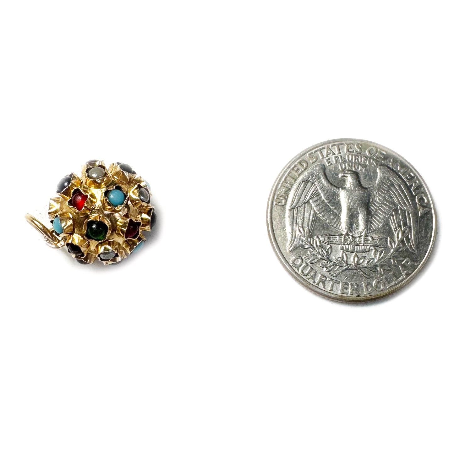 Vintage 18k Gold Sputnik Pendant, 1960s Gemstone Orb Charm, Mid-Century Semi-Precious Cabochon Sphere, Retro Estate Jewellery