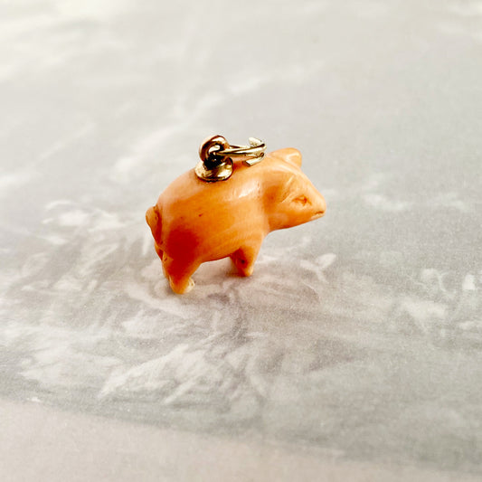 Antique Victorian 9k Gold  Natural Mediterranean Coral Pig Pendant