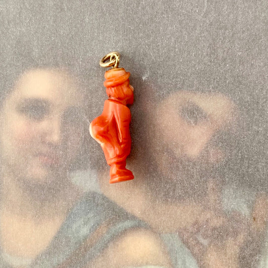 Antique Victorian 10k Gold Coral Lucky Gobbo Natural Mediterranean Coral Pendant