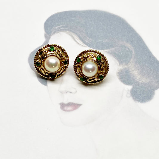 Vintage 9k Gold Mabe Pearl Green Stone Stud Earrings