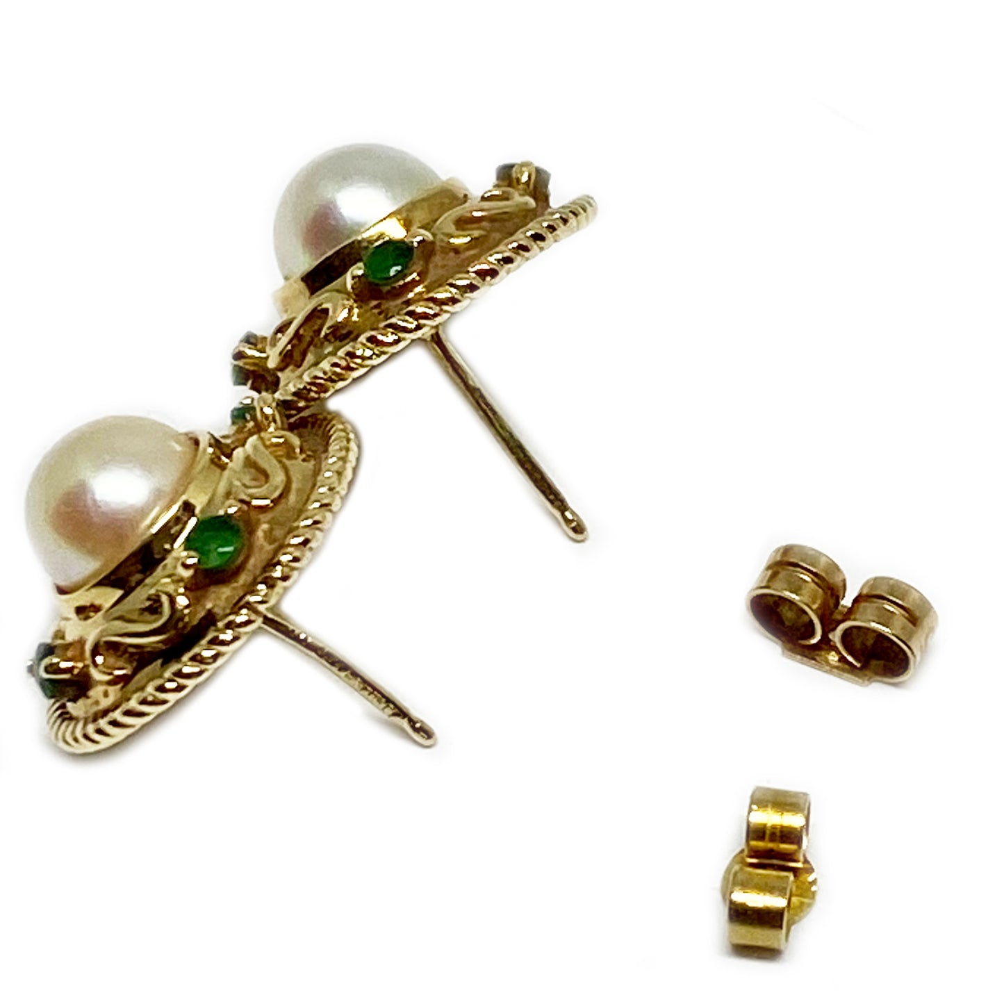 Vintage 9k Gold Mabe Pearl Green Stone Stud Earrings
