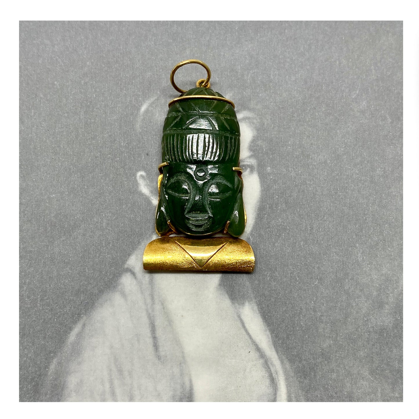 Vintage 18k Gold Jade Nephrite Buddha Face Charm