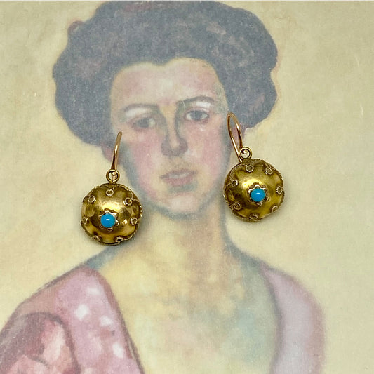Antique 15ct Gold Victorian Etruscan Revival Gold Turquoise Orb Earrings