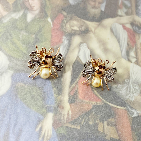 Antique 18k Gold Insect Bees Art Deco Stud Earrings