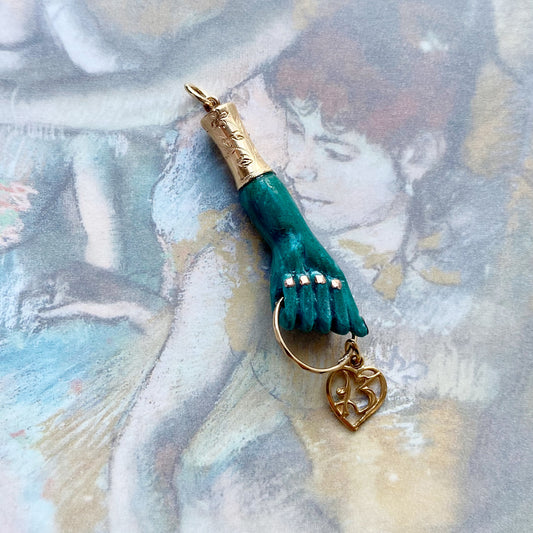 Vintage 9K Gold Green Blue Figa, Resin, 1940s Figa Charm