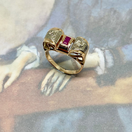 Antique Art Deco Diamonds Ruby, Solid 14k Rose Gold Tank Ring (1088)