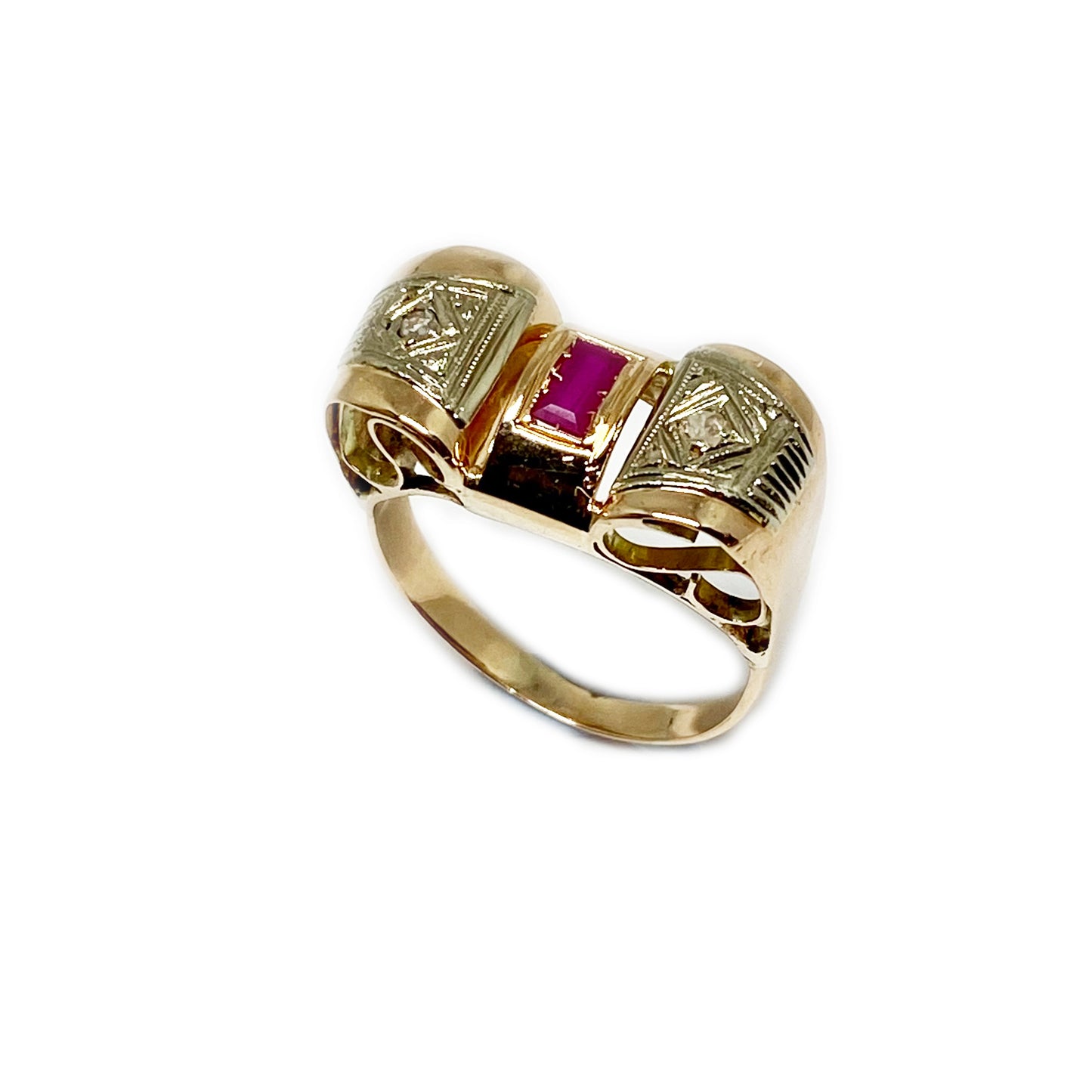 Antique Art Deco Diamonds Ruby, Solid 14k Rose Gold Tank Ring (1088)