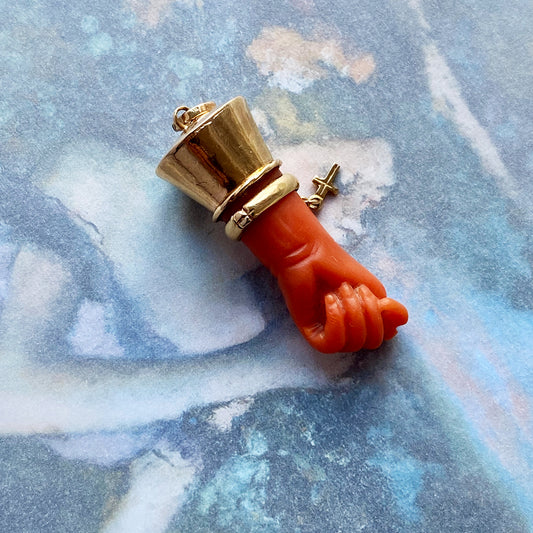 Antique 18K Gold Victorian Mediterranean Natural Coral Figa Charm