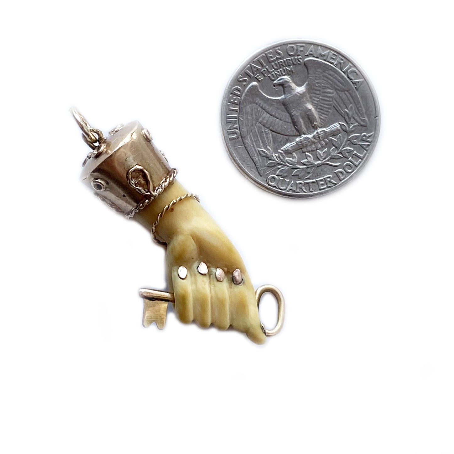 Antique 14K Gold Bone Victorian Fist Key Figa Charm (1112)
