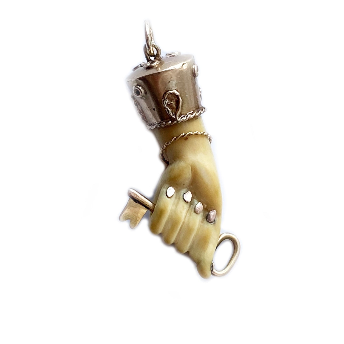 Antique 14K Gold Bone Victorian Fist Key Figa Charm (1112)