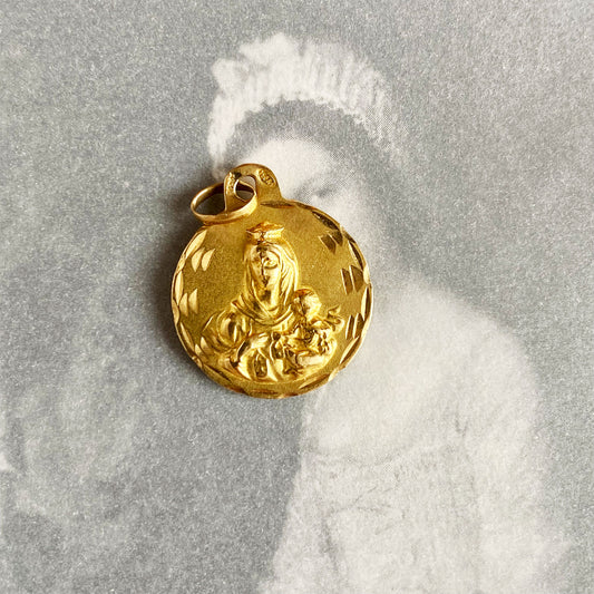 18k Gold Vintage Religious Medal, Our Lady and Jesus Medal Pendant