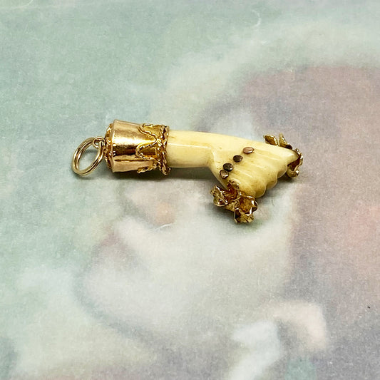 Antique 14K Gold Victorian Bone Figa Charm Flowers (1191)