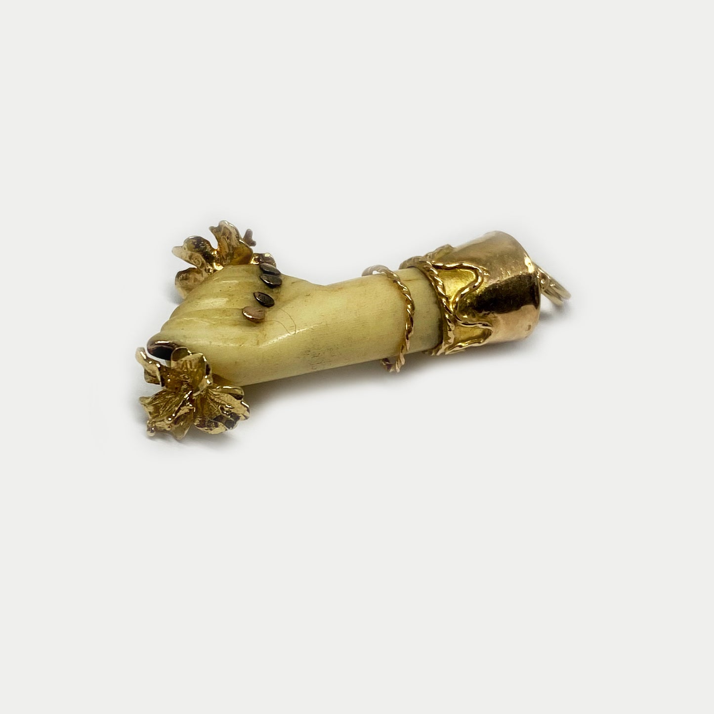 Antique 14K Gold Victorian Bone Figa Charm Flowers (1191)