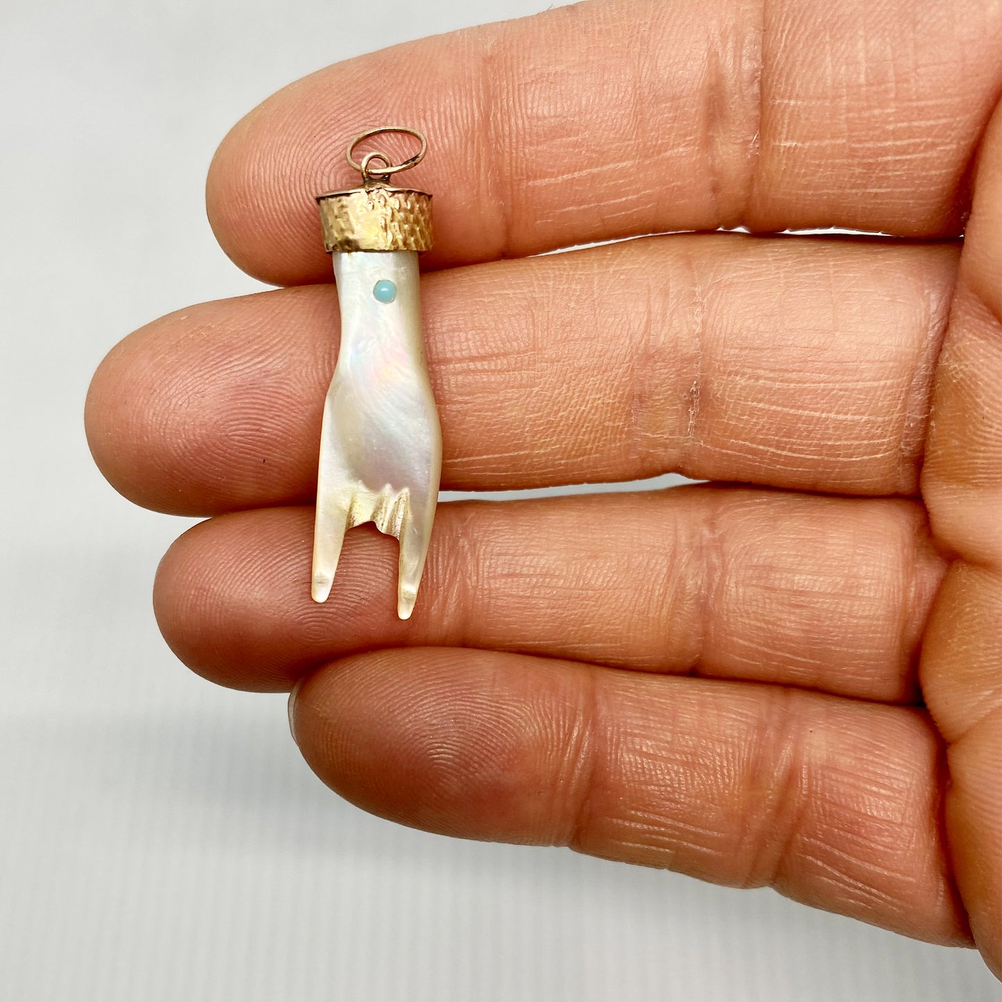Antique 9k Gold Mother of Pearl Horned Hand Figa Charm