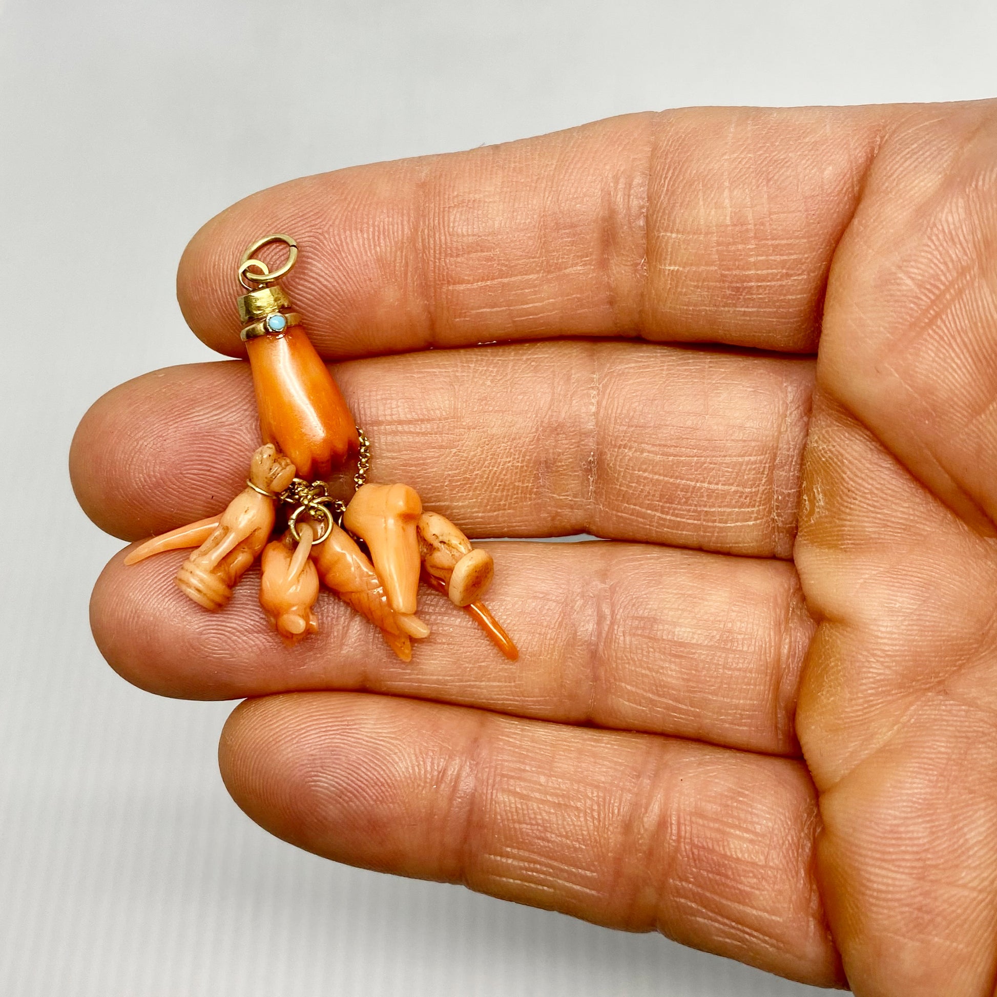 Antique Coral Hand Charm Holder Pendant of 14k Gold - Trademark
