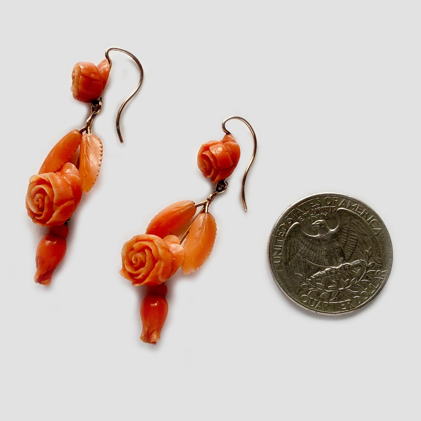Antique Victorian 10k Gold Floral Natural Coral Drop Earrings