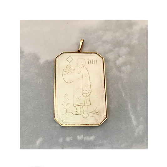 Antique 18K Gold Mother of Pearl Chinese Gaming Counter Token Pendant