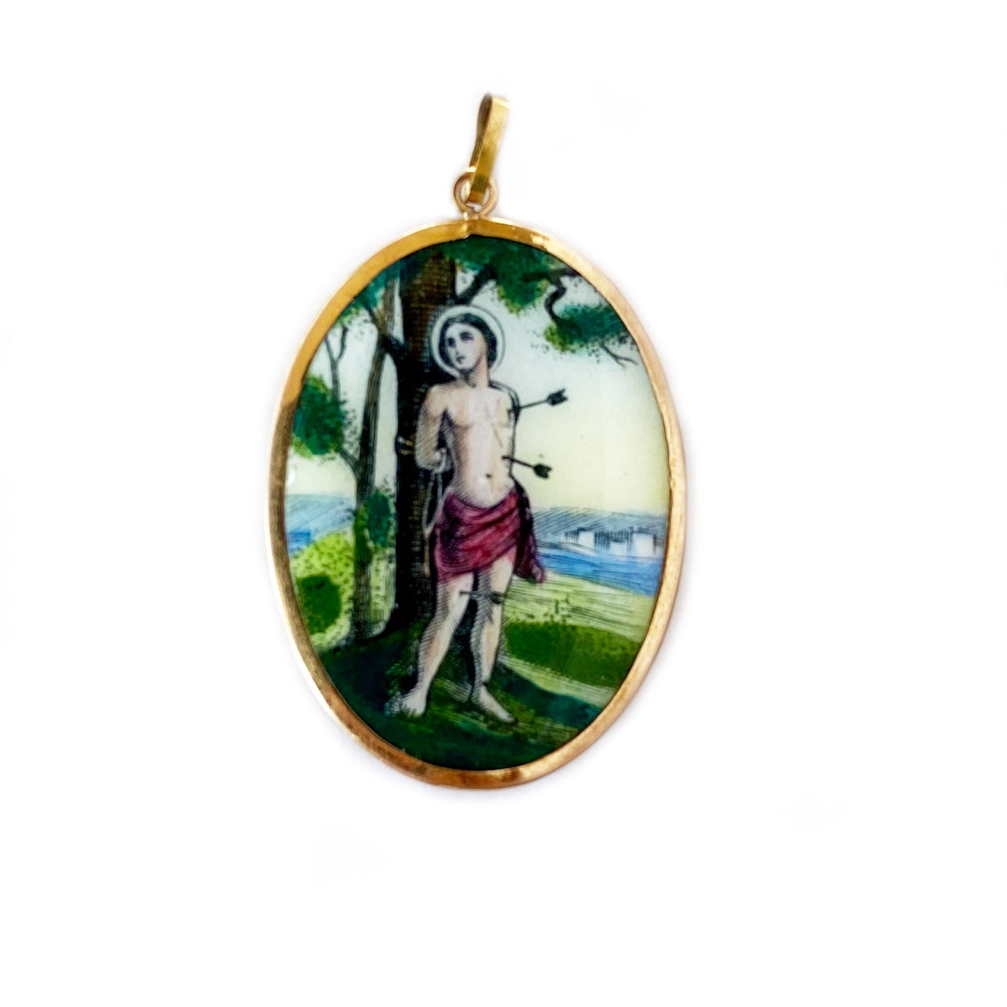 Vintage 14k Gold Enamel Religious Saint Sebastian Medal